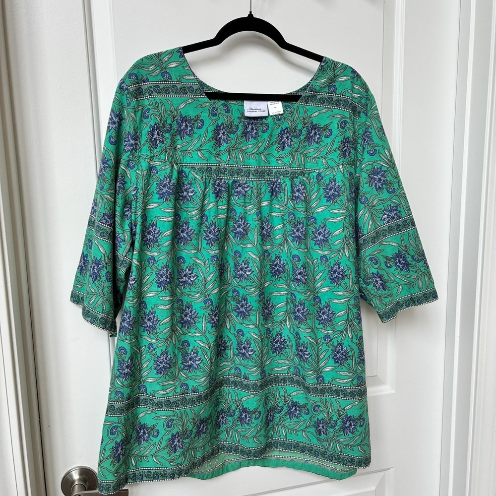 The Vermont Country Store Blouse Womens Extra Large Green Cotton Tunic India